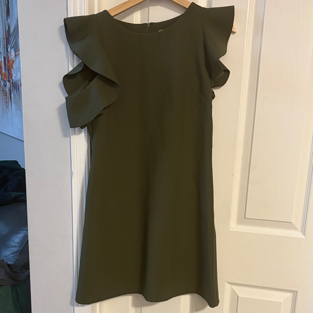Elegant Olive Green Ruffle Sleeve Dress